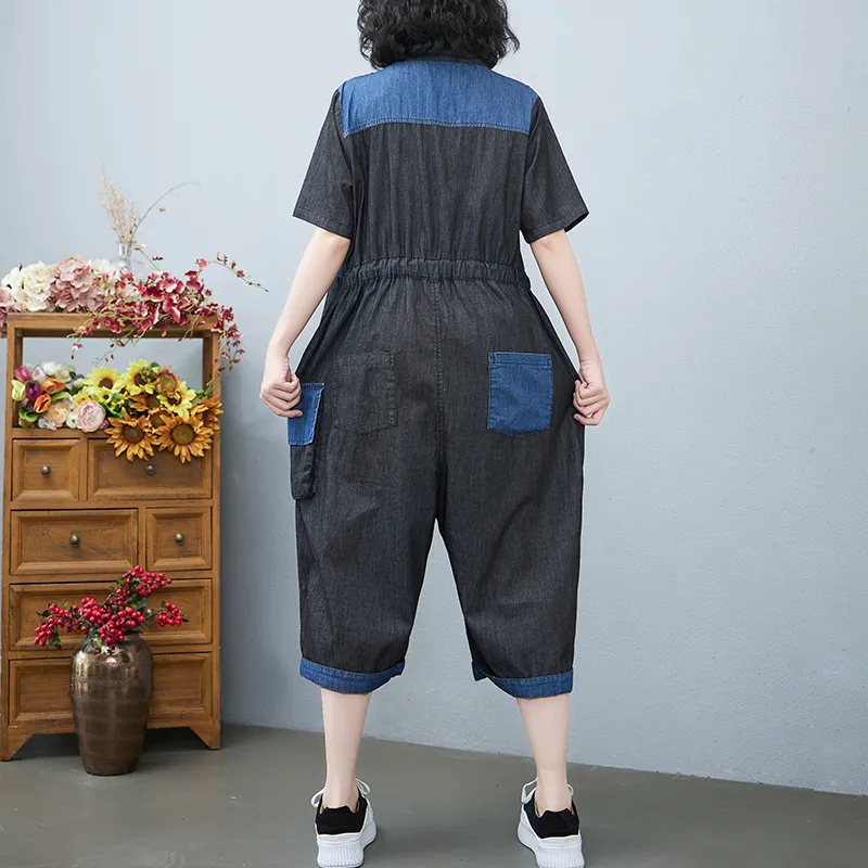 Women's Fashion Drawstring Denim Jumpsuit - Black