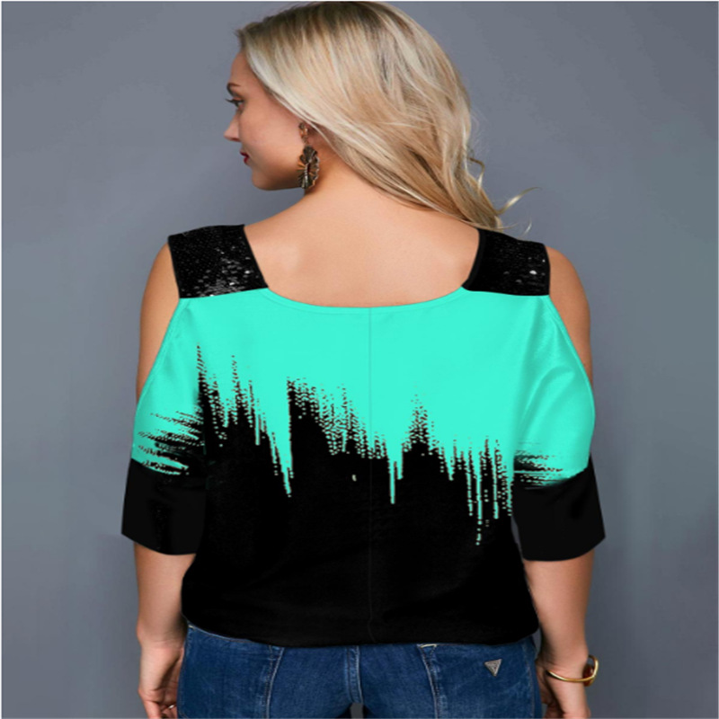 Spring And Summer New Printed V-neck Off-the-shoulder T-shirt Plus Size Women's Clothing