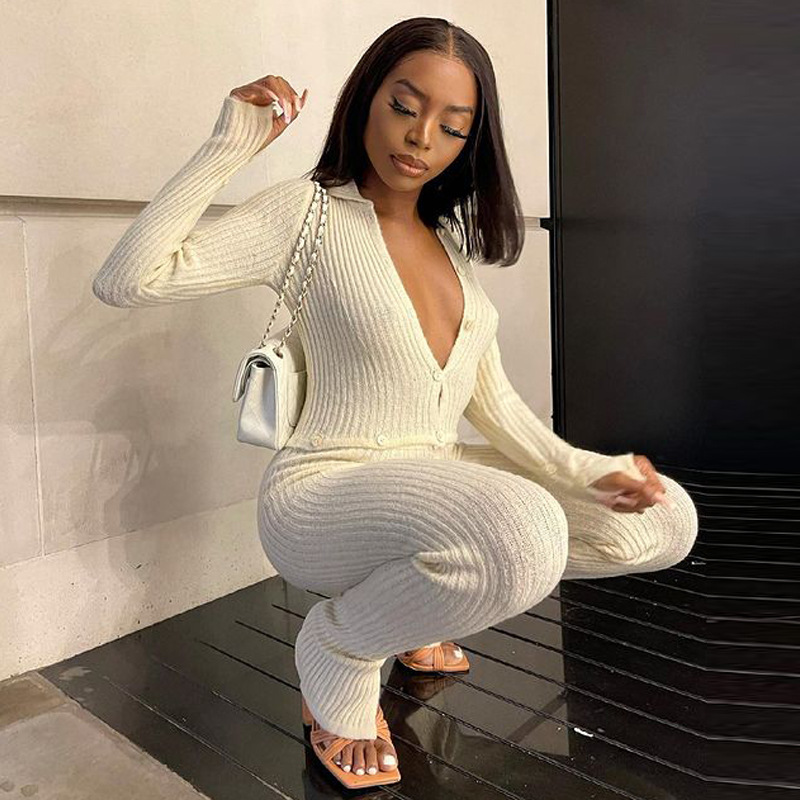 New Women's Solid Color Threaded Cardigan Jumpsuit