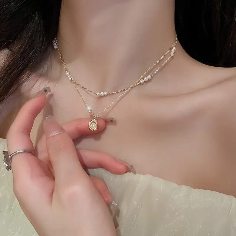 Double-layer Titanium Steel Shaped Freshwater Pearl Geometric Ellipse Beanie Pendant Necklace