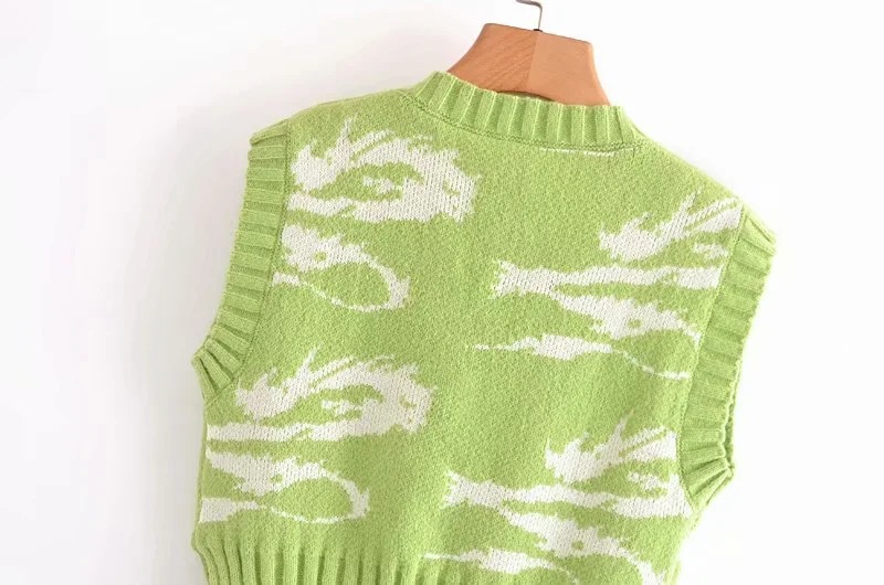 All-match Totem Jacquard Knitted Vest Women's V-neck Side Slits Front Short Back Long Outer Vest Summer