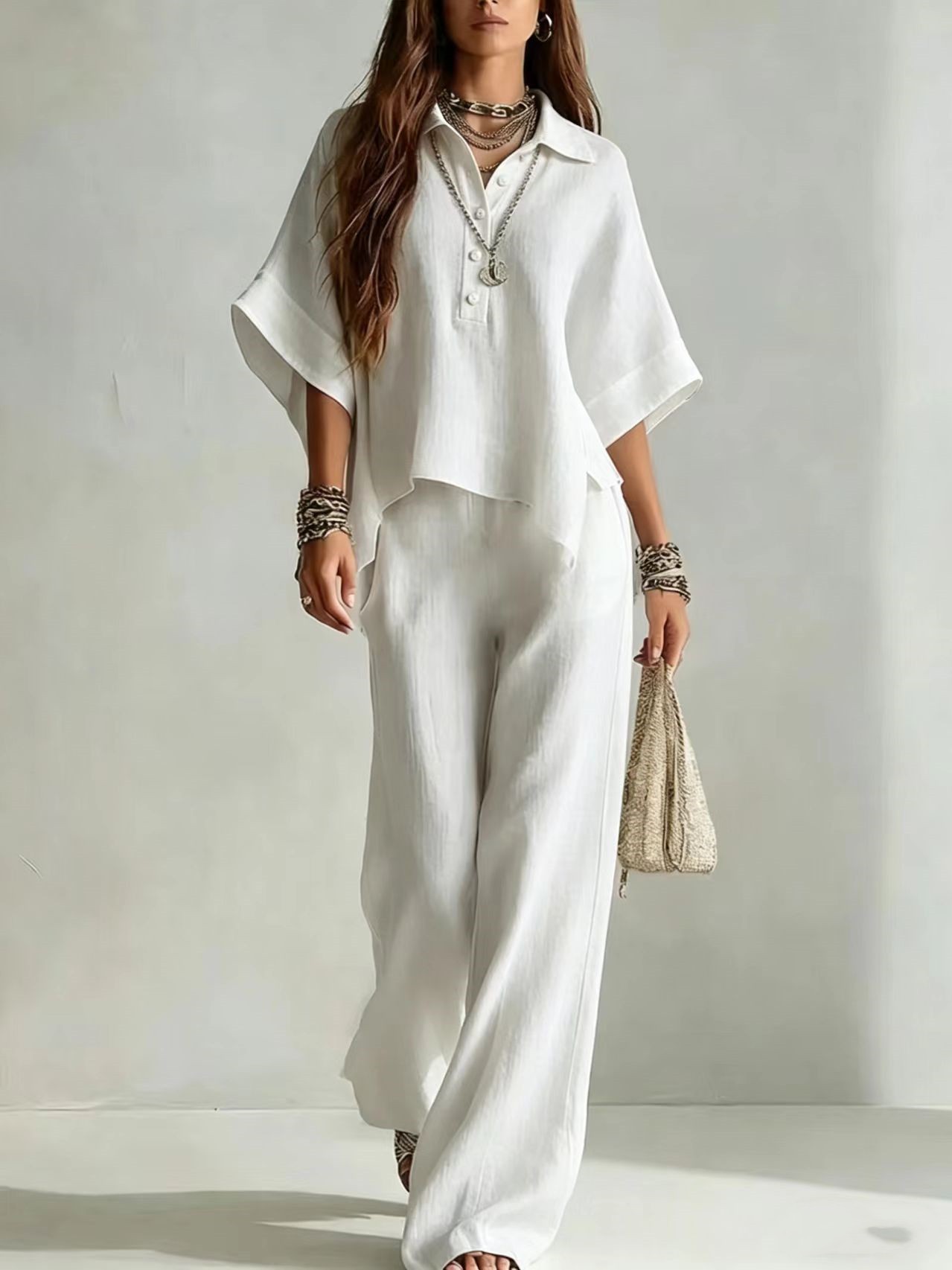 Short Sleeve Collared Shirt & Wide Leg Pants Two-Piece Set