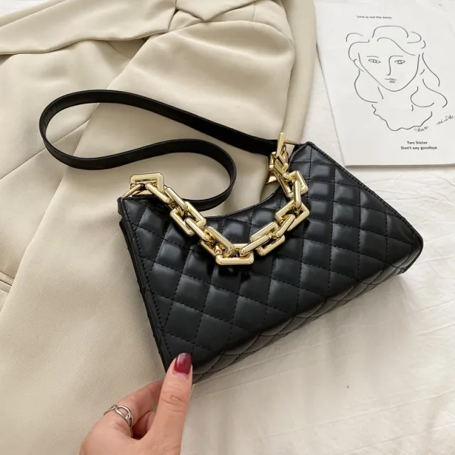 One Shoulder Armpit Bag Casual Chain Portable Baguette Bag Black - Shop at LoveMi