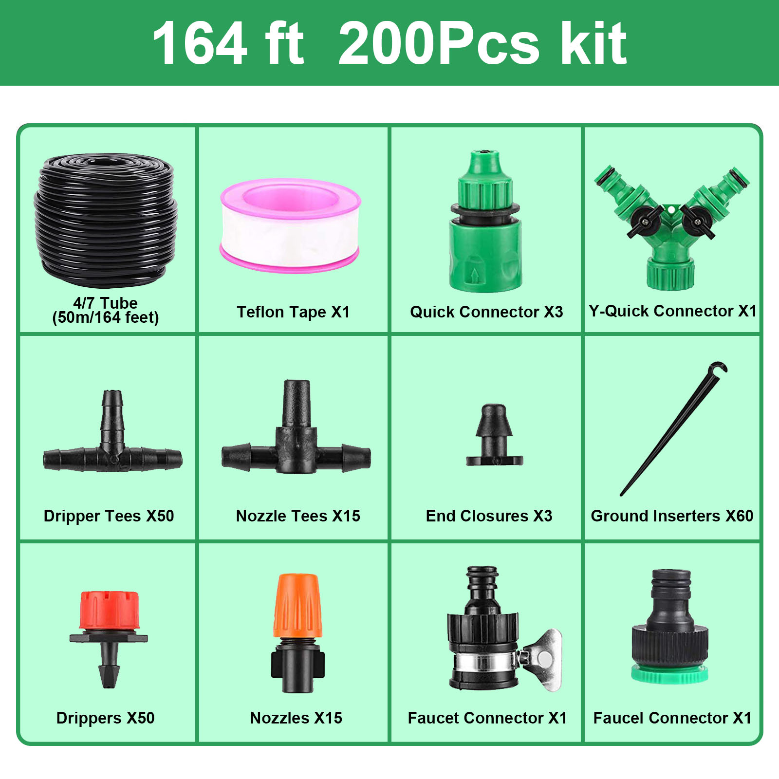 image of a Garden Drip Irrigation Kit with 164FT Greenhouse Micro Automatic Drip Irrigation System Kit, includes Blank Distribution Tubing Hose, Adjustable Patio Misting Nozzle Emitters, Sprinkler Barb