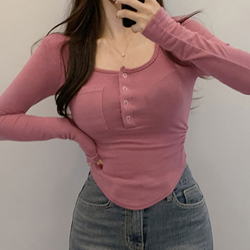 Pleated U-shaped Breasted Irregular Hem Long-sleeved Top