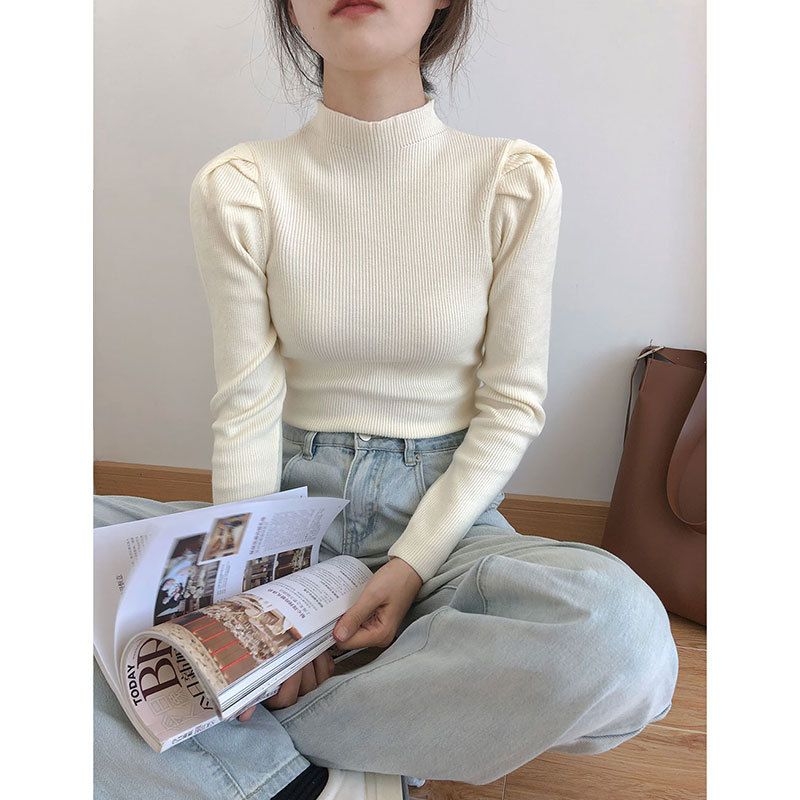 Title 3, Puff Sleeve Half High Neck Knitted Bottoming Shirt