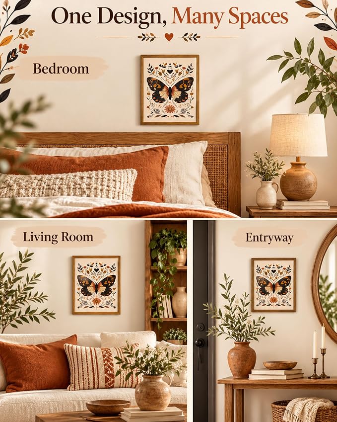 Framed Vintage Butterfly Wall Art Boho Botanical Canvas Decor For Home Bedroom Living Room 8x10 Inch 3