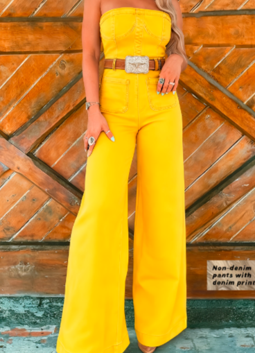 Tube Top Denim Print Wide-Leg Jumpsuit