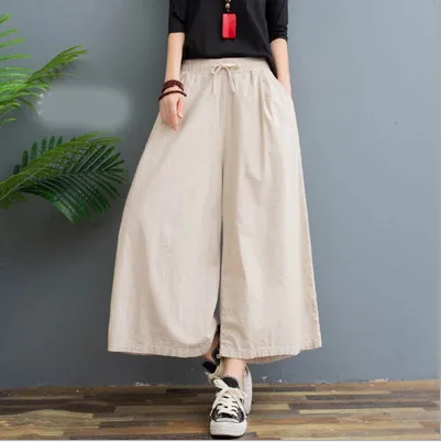 Women's Fashion Loose Linen Casual Leggings Beige - Shop at LoveMi