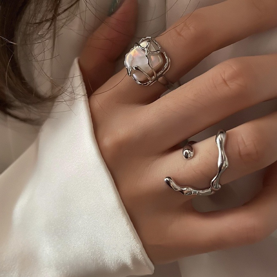 Personalized C-Shaped Water Drop Texture Open Ring For Women, Retro Hip-Hop Fashion Trendy Index Finger Ring - Image 1