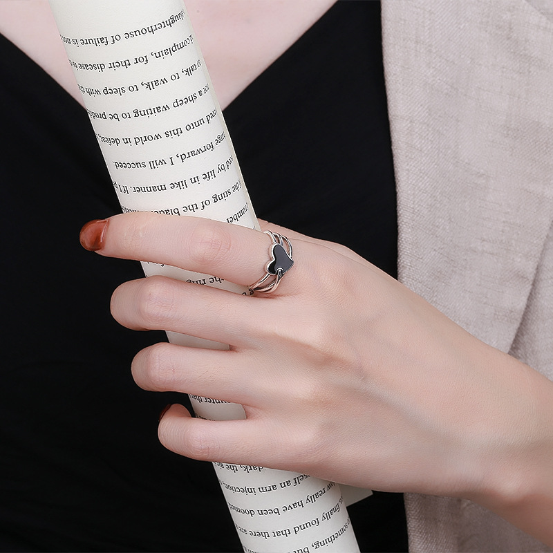 Enamel Black Love Double Thin Circle Cross Index Finger Ring