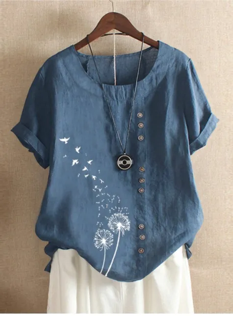 Retro Plus Size Casual Loose Cotton And Linen Short-sleeved Pullover T-shirt - Lake Blue