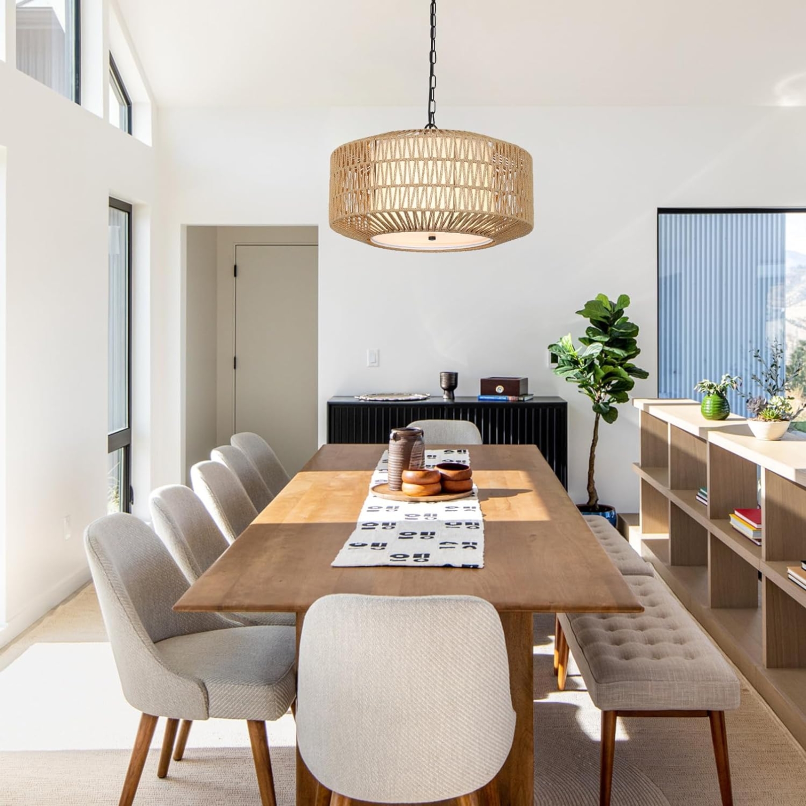 Farmhouse Chandelier Light Fixture,4-Light Rattan Boho Chandeliers For Dining Room With Fabric Shade