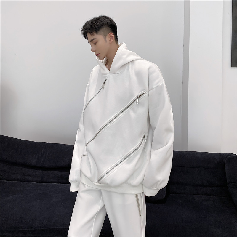 Design Hooded Sweater With Hollow Holes And Multi-zipper Decoration