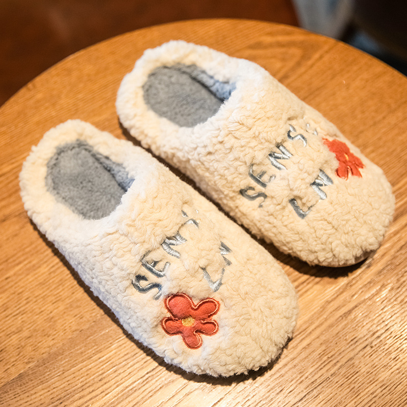Ins Cute Flower Fleece Slippers Winter Warm Bedroom Floor Slippers Indoor Non-sl - Picture 7 of 11