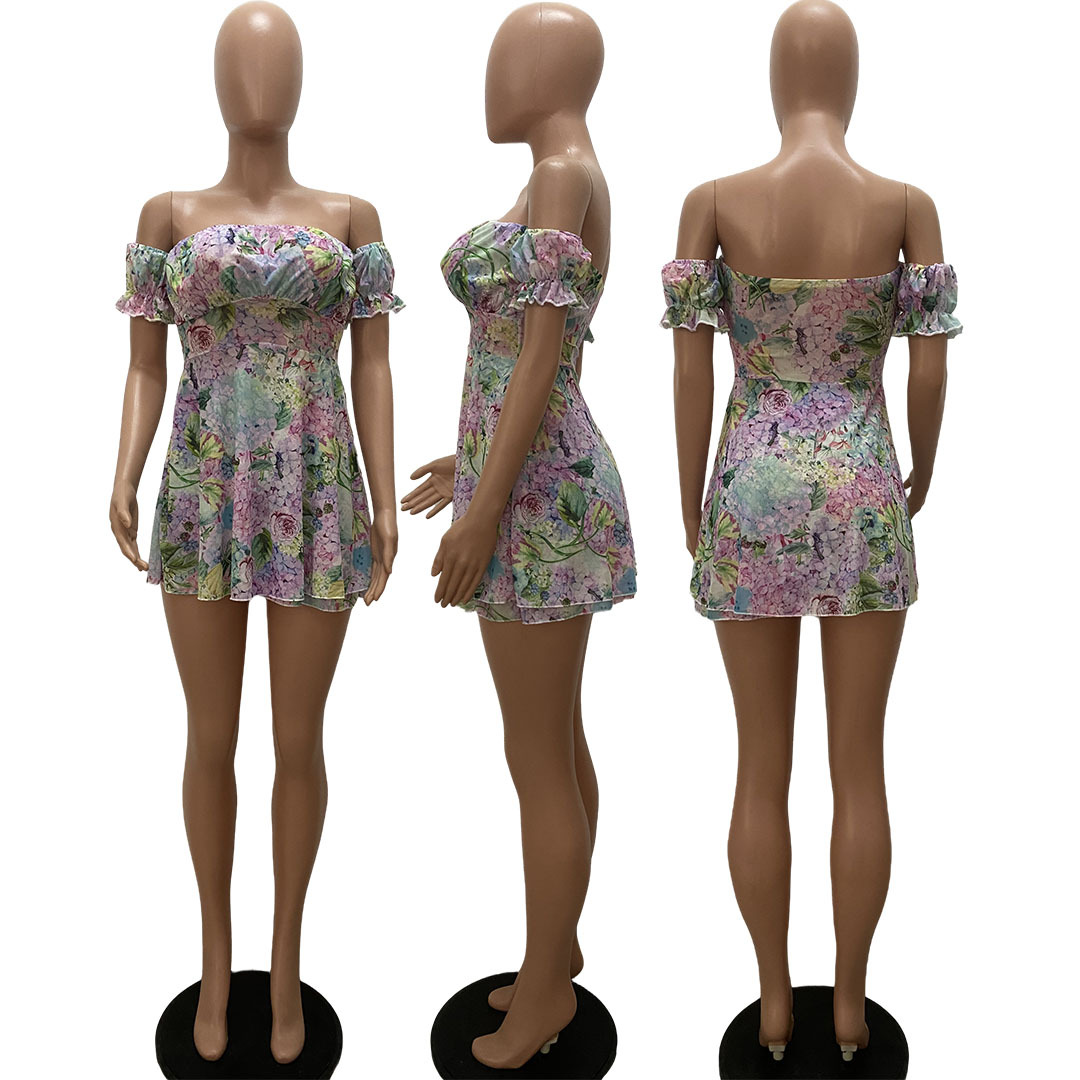 One-line Neck Ruffled Printed Rope Belt Dress