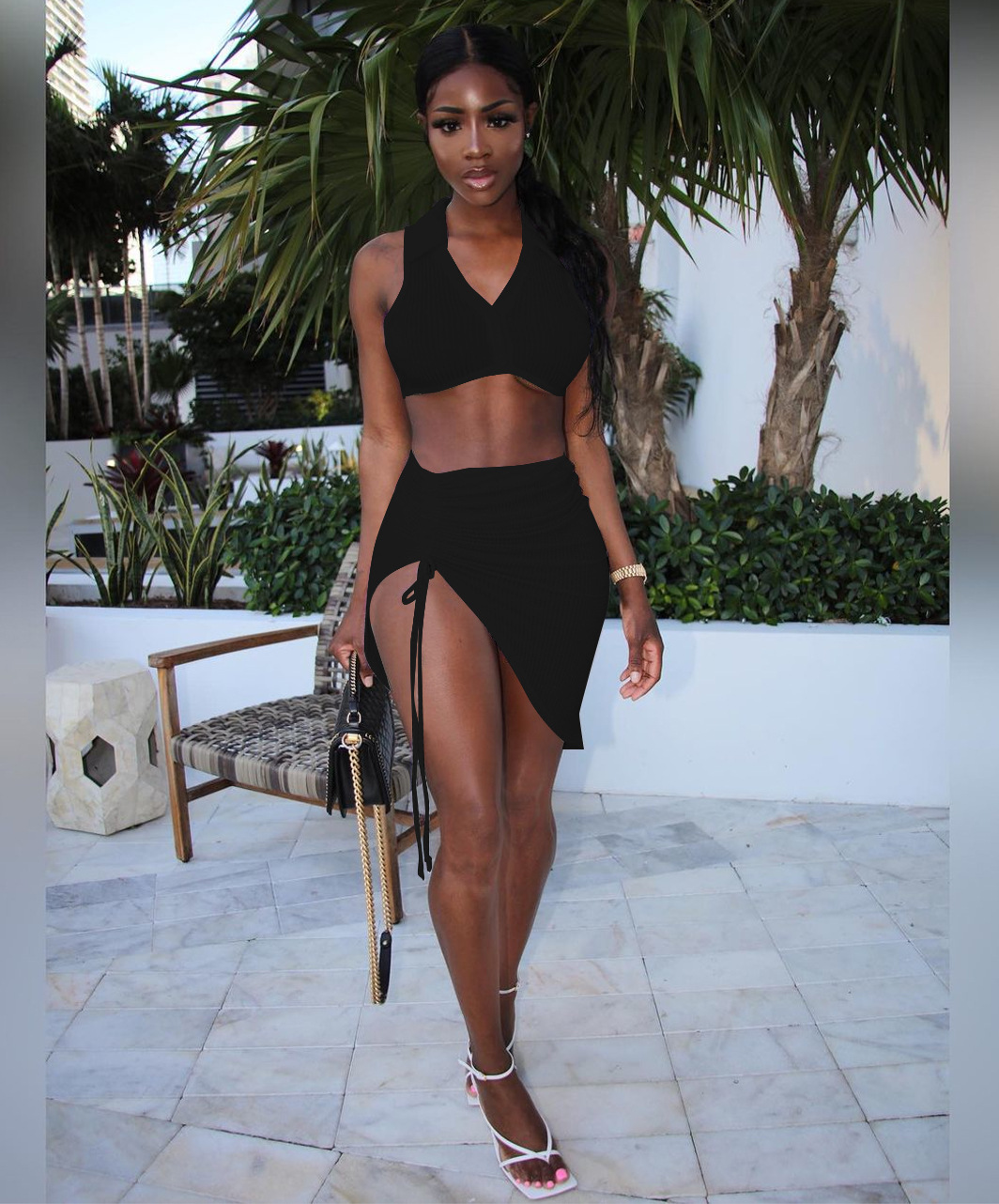 Sexy Solid Color Button Pleated Two Piece Suit