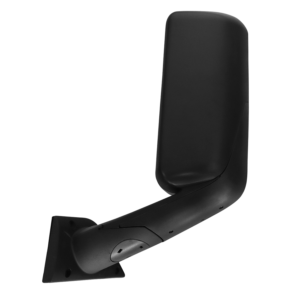 Black replacement door mirror installed on Freightliner Cascadia semi truck
