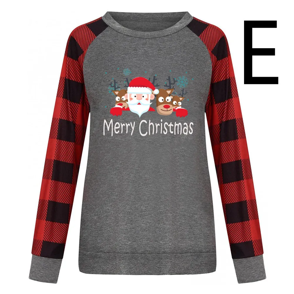 Round Neck Long-sleeved Color Matching Plaid Christmas Print Sweater Women - E-2Xl