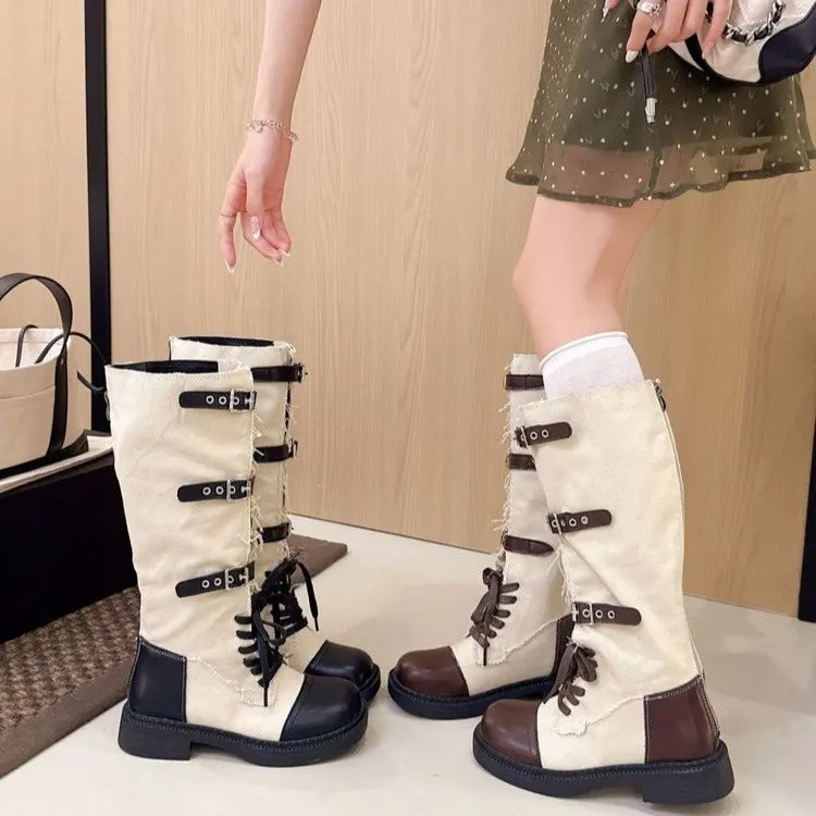 Women Retro Color Block Fringe Knee High