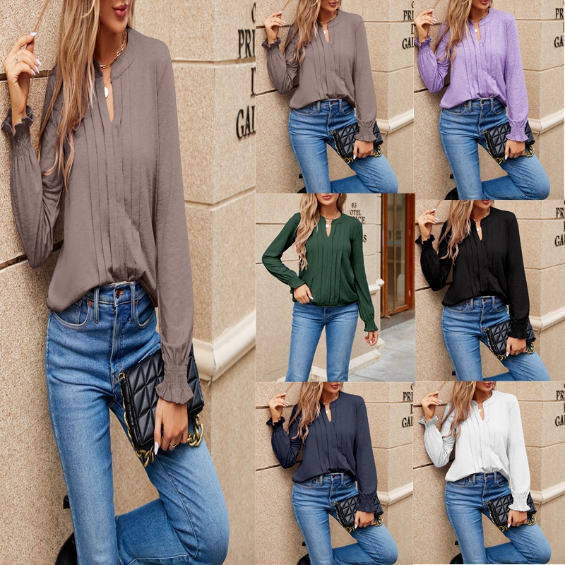 Elegant Pleated V-neck Cuff Smocking Women's Top