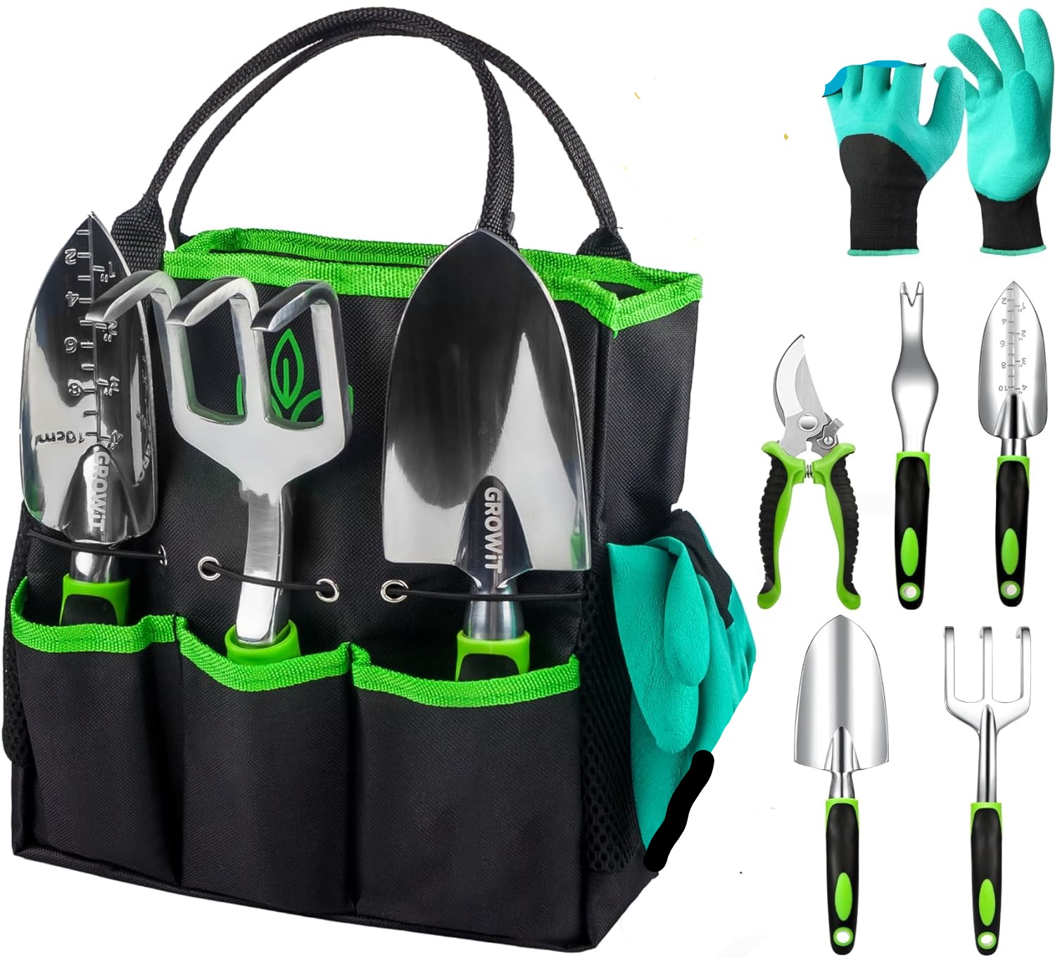 9-Piece Heavy Duty Garden Tools Set GIFT FOR MEN & WOMEN Best gardening gift for women, men, mother's day, father's day 1 PREMIUM GARDEN TOOLS Our gardening tool set comes with a Transplanter, Trowel, Hand Rake, Weeder, Pruner, 15 Plant tags, a pair of Ha