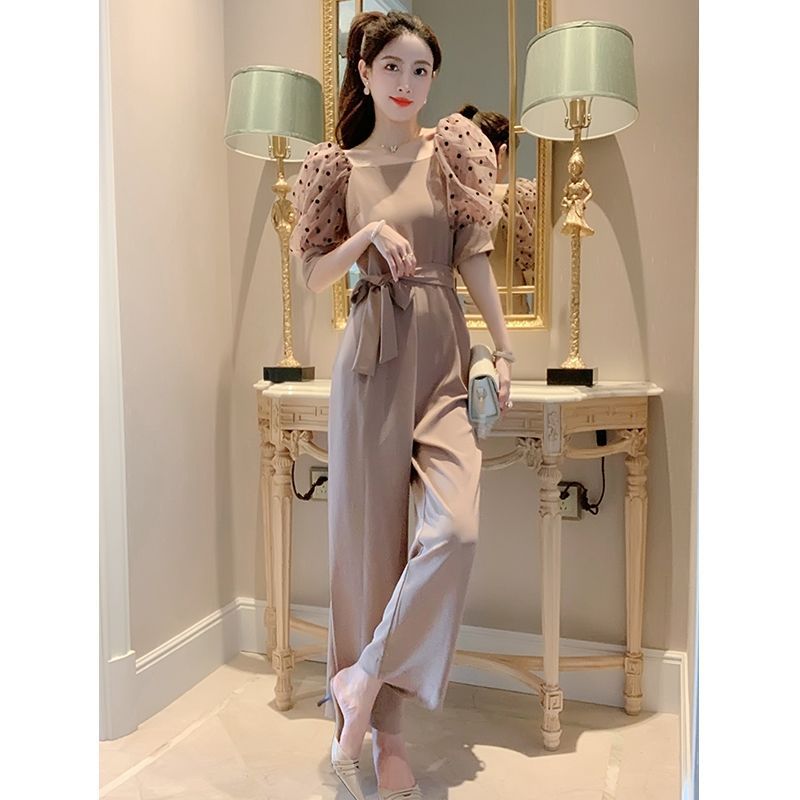 Title 5, Temperament High Waist Puff Sleeve Wide Leg Pan...