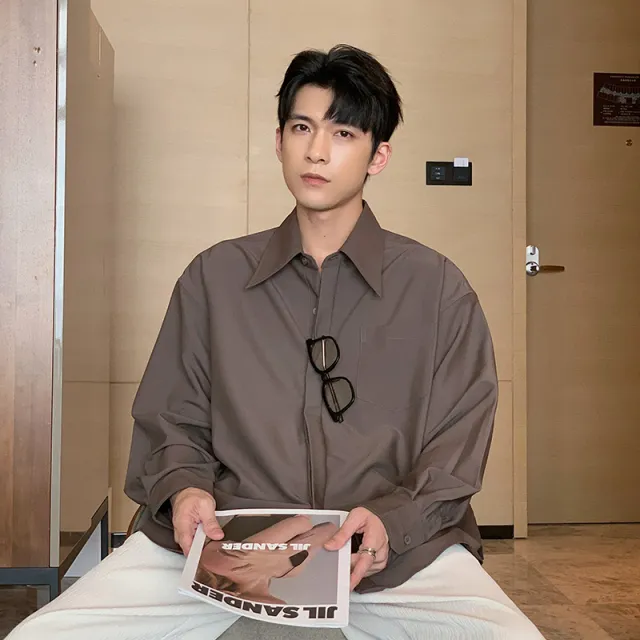 Men's Long sleeved Non ironing Solid Color With Korean White Shirt Dark Brown - Shop at LoveMi
