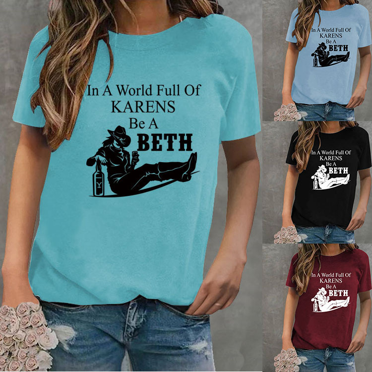 Letter Crew Neck Denim Printing Short Sleeve T-shirt Bottoming Loose Women's Clothing