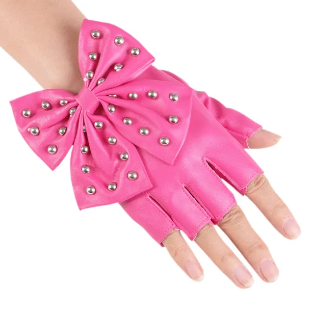 Rivet Bowknot Faux Leather PU Fashion Half Finger Gloves Pink - Shop at LoveMi
