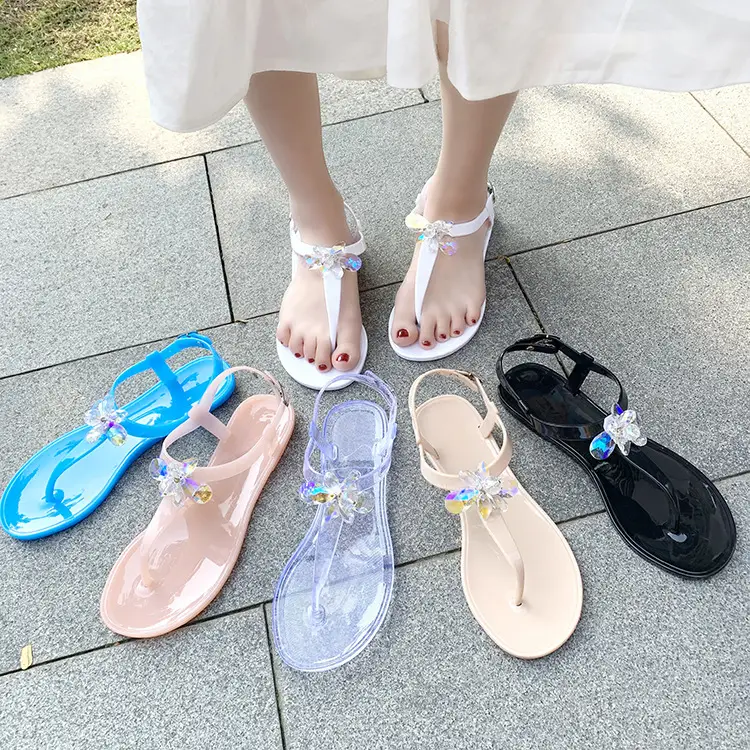 Women's Casual PVC Jelly Sandals with Rhinestone Flower Embellishment and Buckle Strap