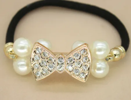 Pearl Diamond Hair Ring Hair Rope Temperament Rhinestones Bow Tie Drill - Shop at LoveMi
