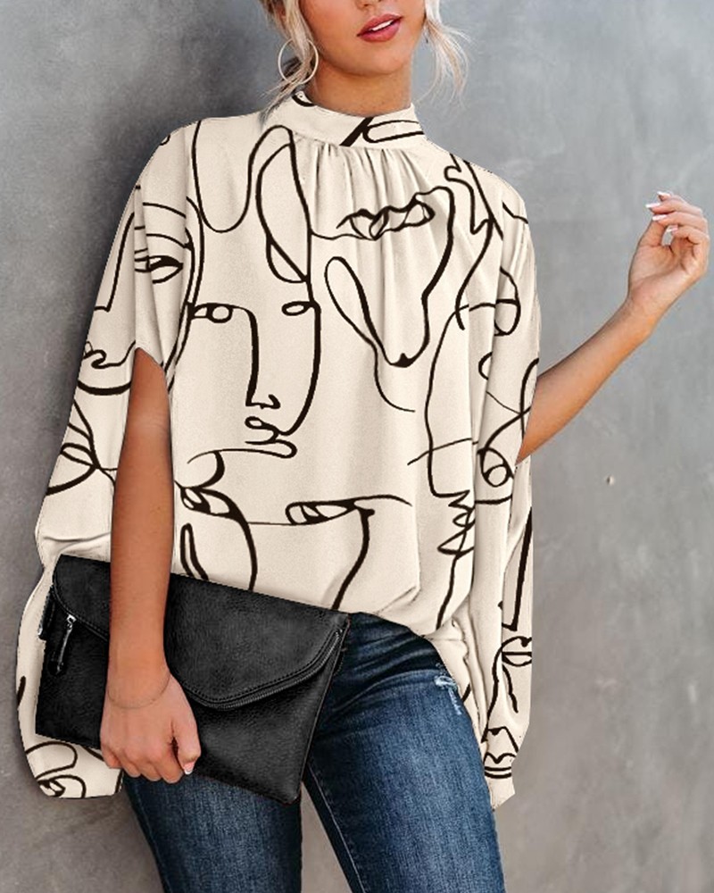 Title 10, Casual Fashion Print Slit Doll Sleeve Top