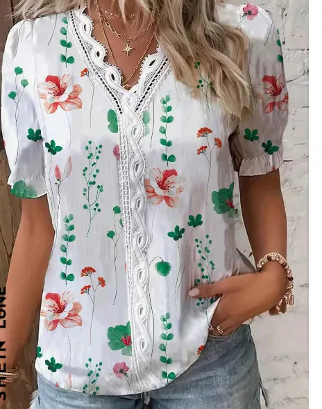 Women's Vacation Leisure Floral Print Contrast Lace Puff Sleeve Shirt Green - Shop at LoveMi