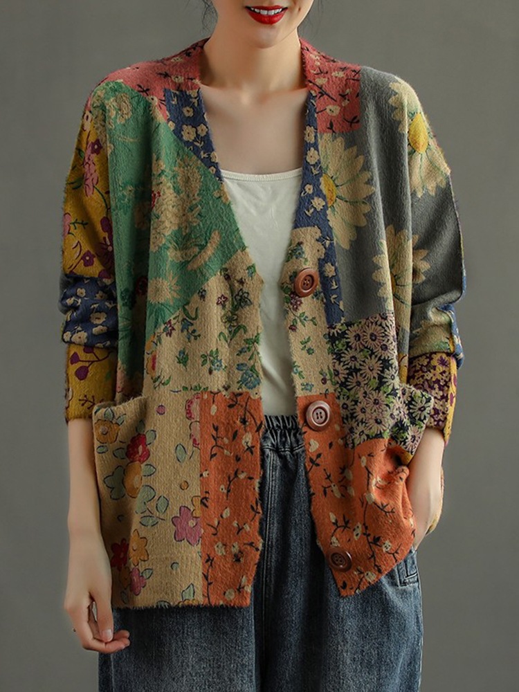 Ethnic Printed Mink Like Knitting Cardigan