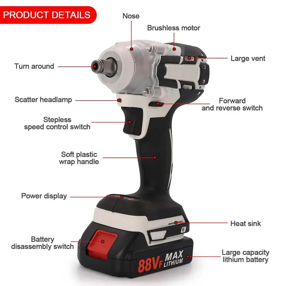 21V Cordless Electric Impact Wrench Drill Gun Ratchet Driver W 2 Battery 2
