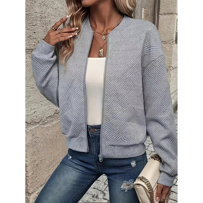 Womens Bomber Jacket Coat Casual Textured Stand Collar Zip Up Fall Fashion Jackets Outfits Gray - Shop at LoveMi