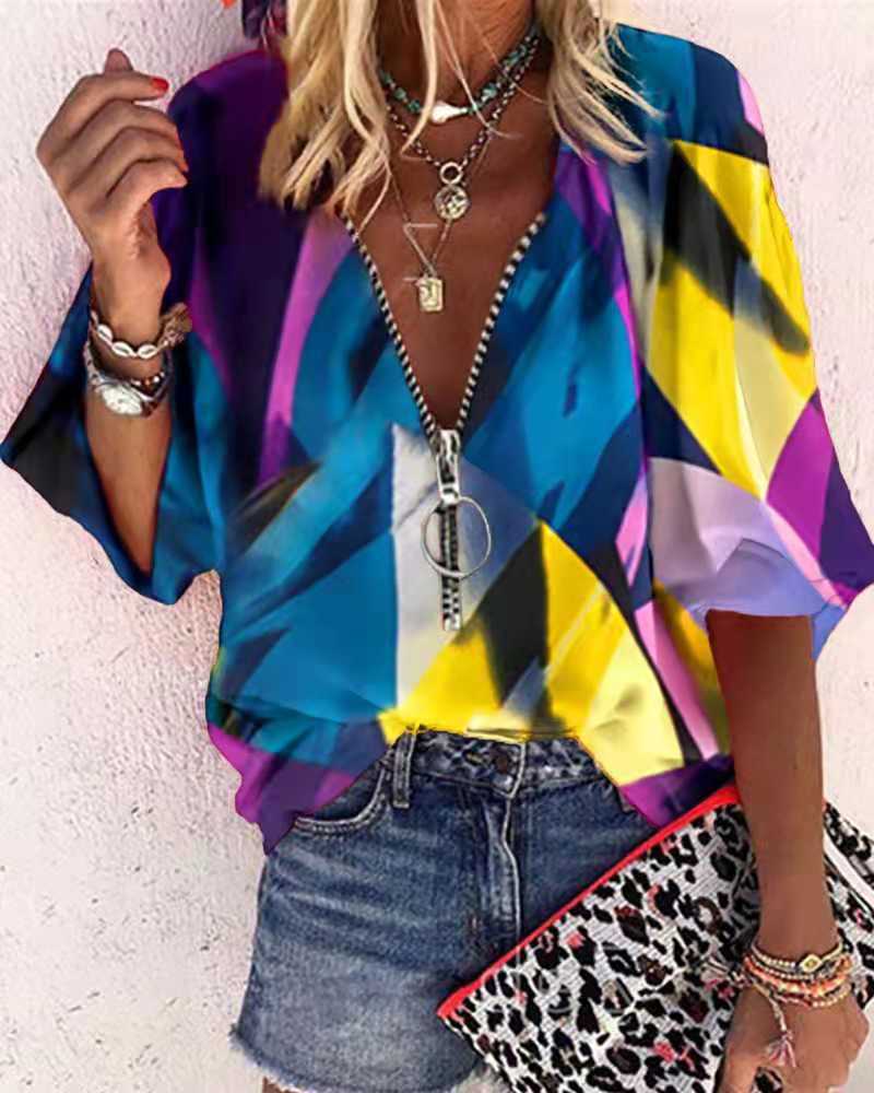 Printed Long-sleeved Sleeves Temperament Blue Short Short Shirt