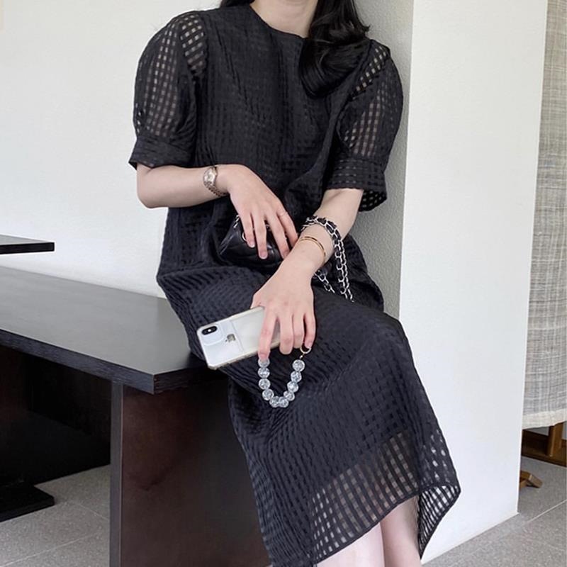 Mesh Textured Over-the-knee Puff-sleeve Dress