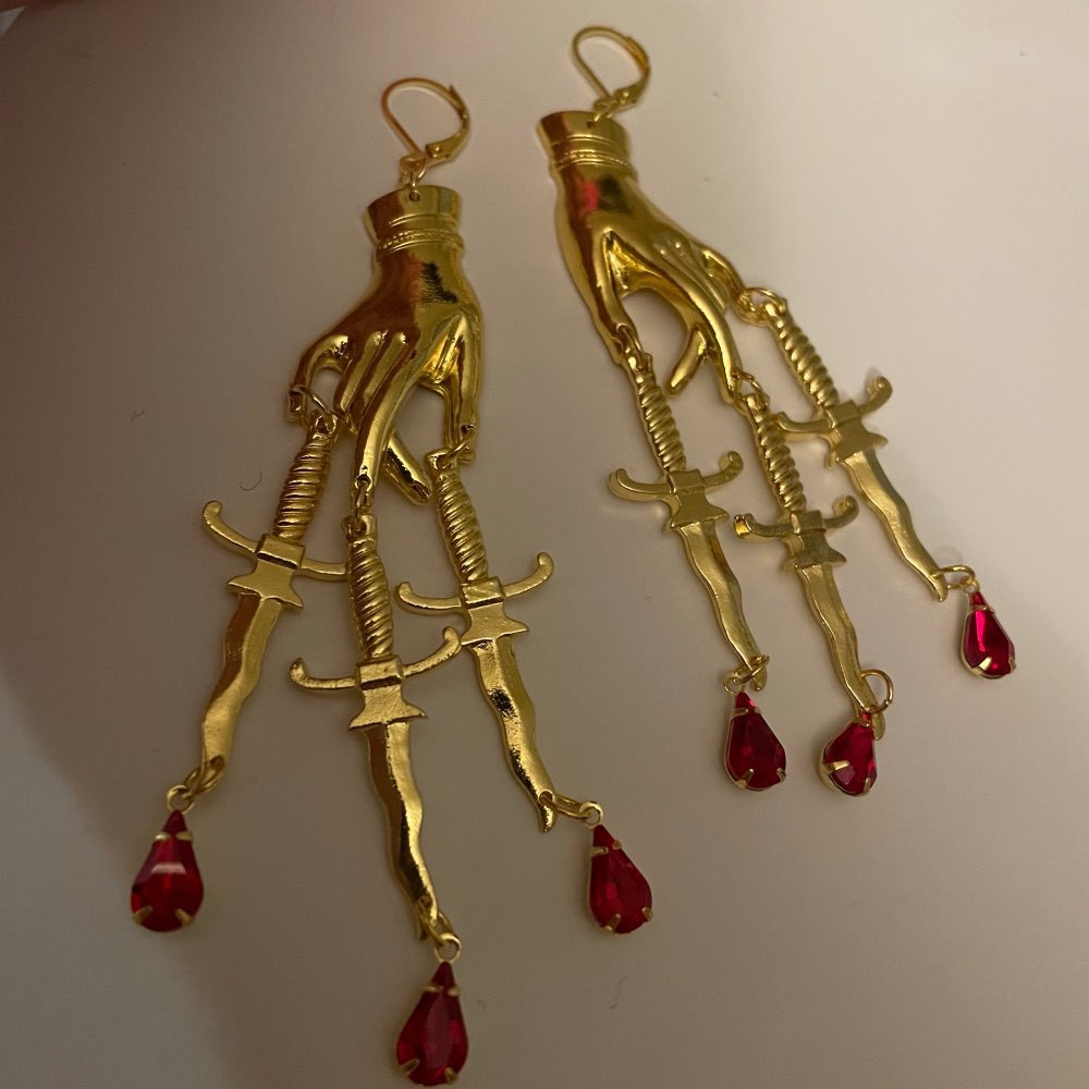 Vintage Creative Exaggerated Cross Drop Ruby Tassel Earrings In Hand