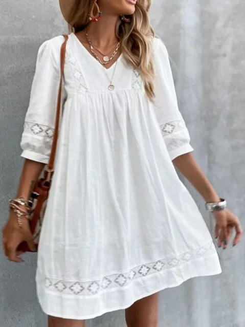 European And American V neck Minimalist Casual Vacation Dress White - Shop at LoveMi