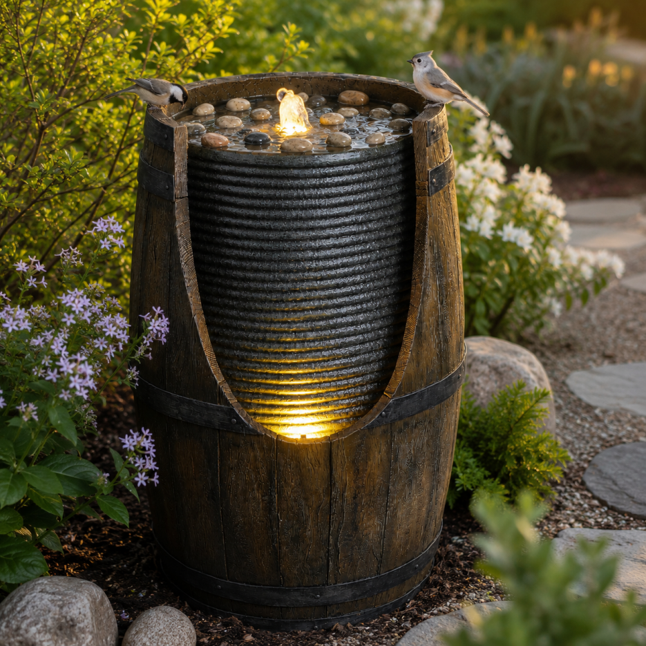Fontaine d'eau extérieure avec abreuvoir pour oiseaux, Rustic Barrel Garden LED