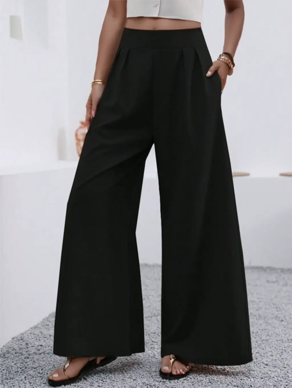 Solid Color Loose Wide Leg Elegant Pants With Pocket