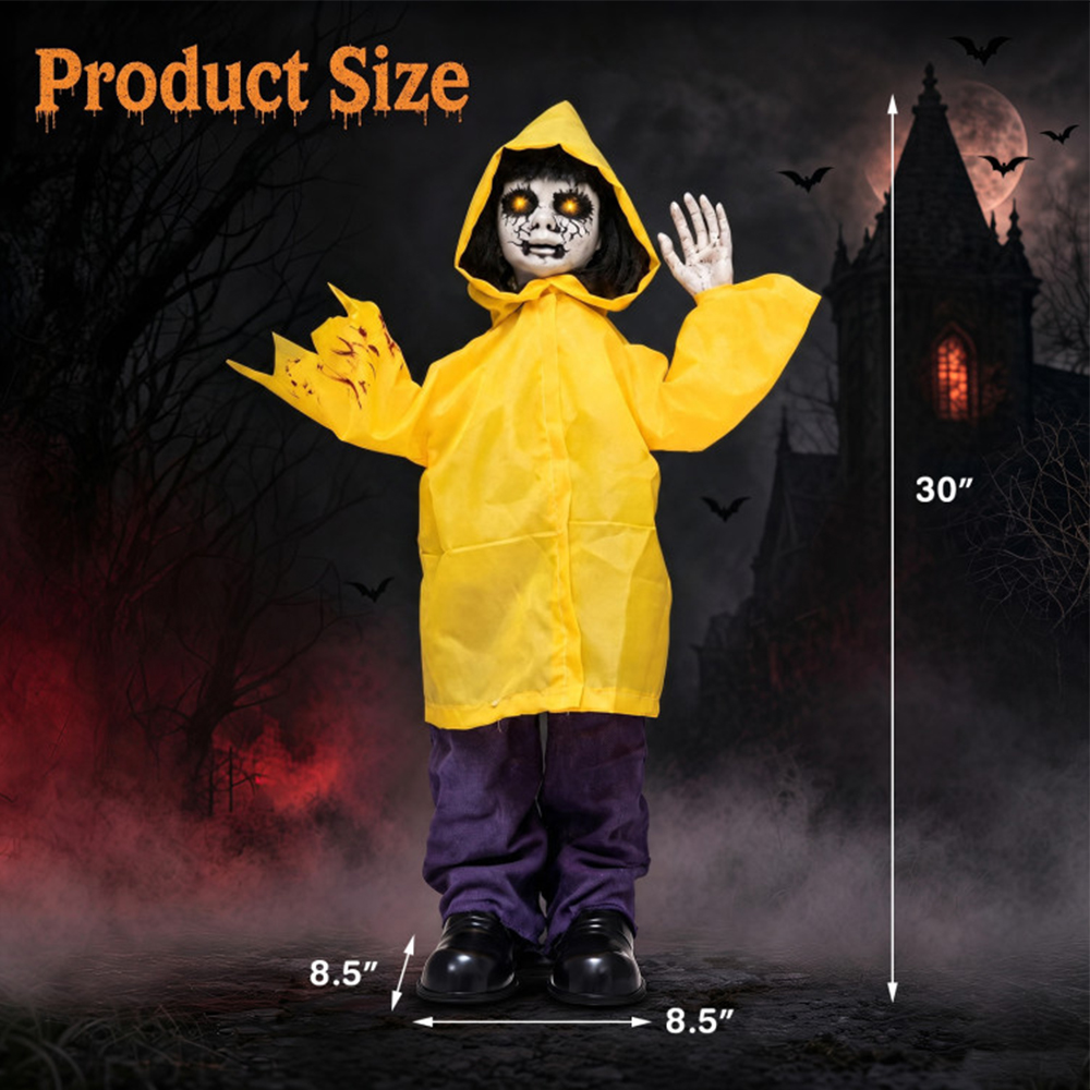 Animatronic Haunted Boy With Light Up Eyes And Creepy Sound