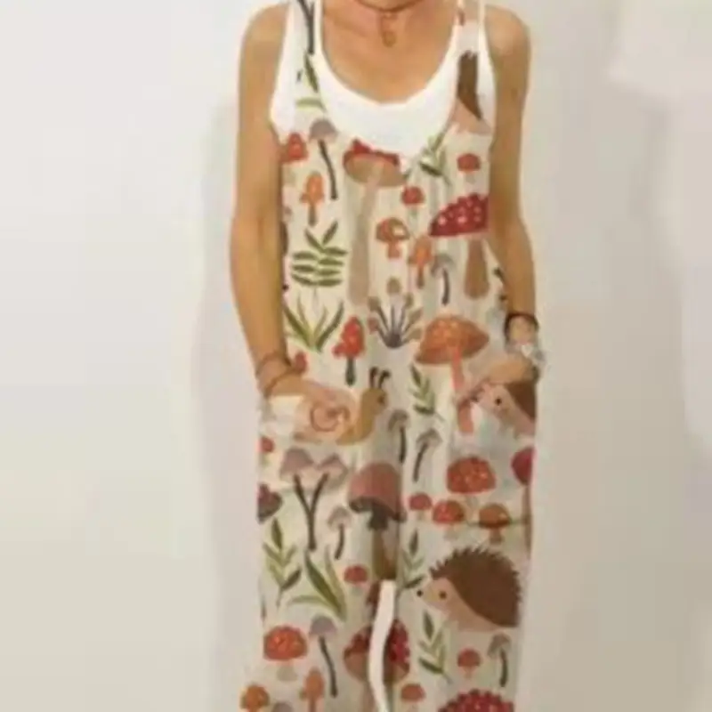 Women's Fashion Print Round Neck Pocket Back Pants