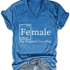 European And American English Solid Color Printing T-shirt V-neck - Blue - View 1