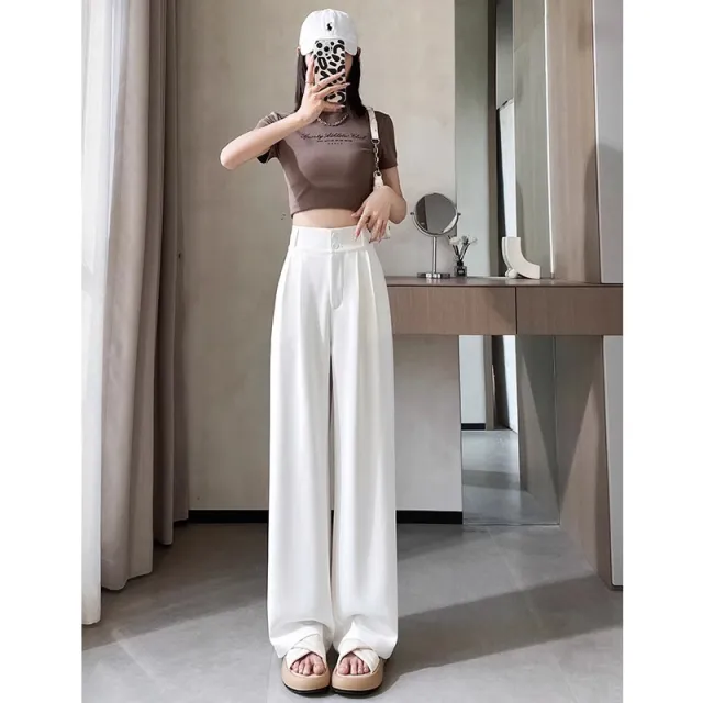 High end Drape Suit Pants For Women High Waist Straight Ice Silk Narrow Version Wide Leg Long Pants White - Shop at LoveMi