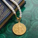 St Benedict Medal Long Necklace For Women, 80cm White Glass Bead Rosary Necklace, 18K Gold Plated Stainless Steel Religious Protection Jewelry view 3