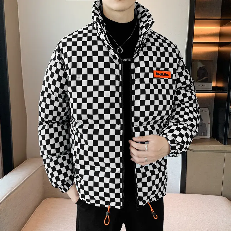 Down Cotton-padded Clothes Chessboard Stand Collar Men Thick Warm