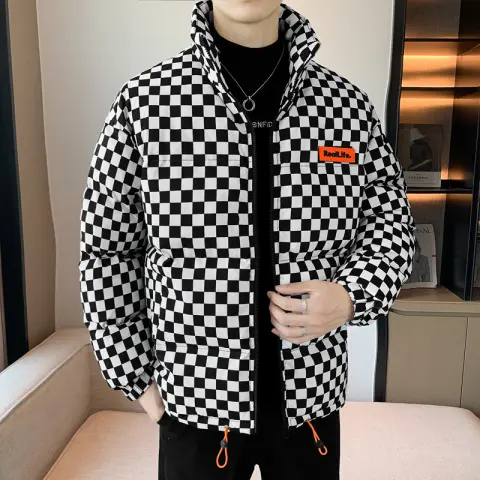 Down Cotton-padded Clothes Chessboard Stand Collar Men Thick Warm